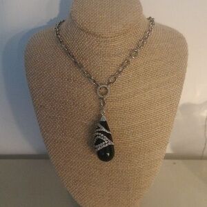 Elegant Black Stone With Rhinestones And Sterling Silver Necklace